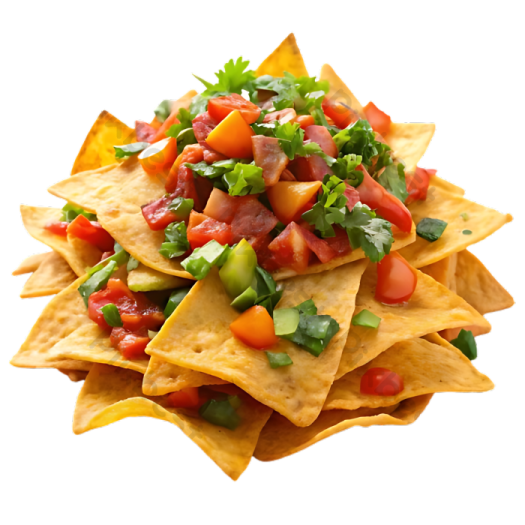 a plate filled with torta chips topped with tomatoes and avoca