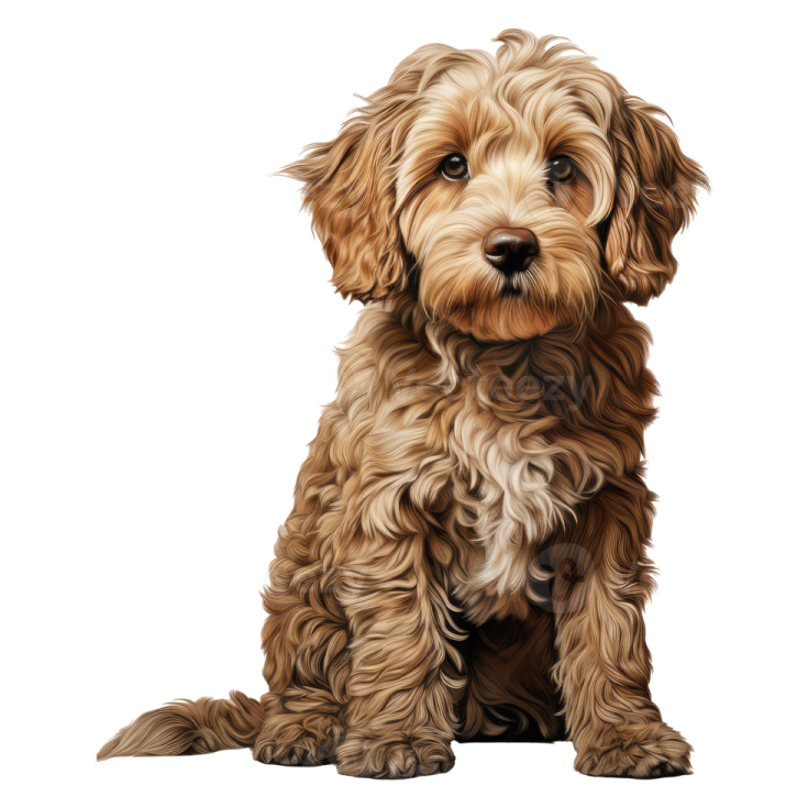 a brown and white dog sitting on a white background