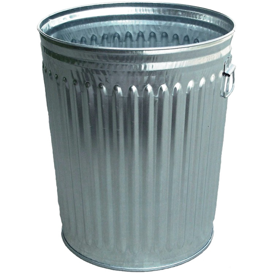 a metal trash can on a white background