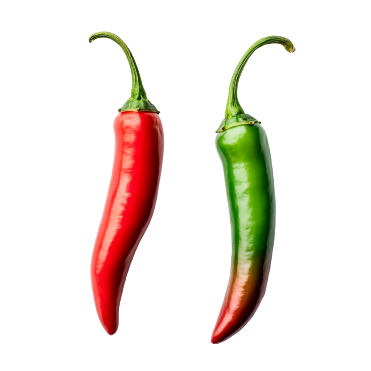 two red and green peppers on a white background