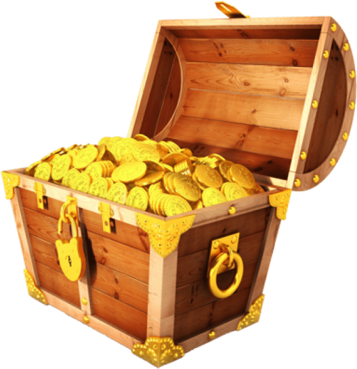 a wooden chest filled with gold coins