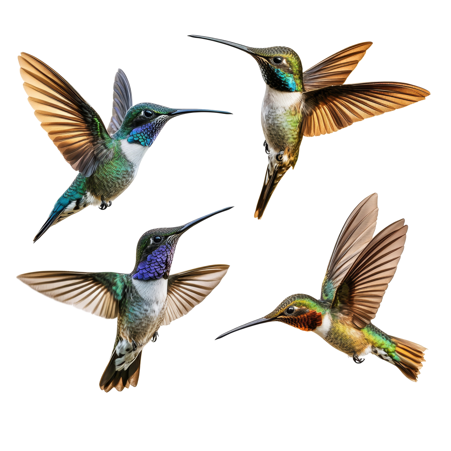 three hummings flying in the air with their wings open