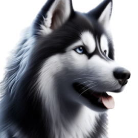 a black and white husky dog with blue eyes