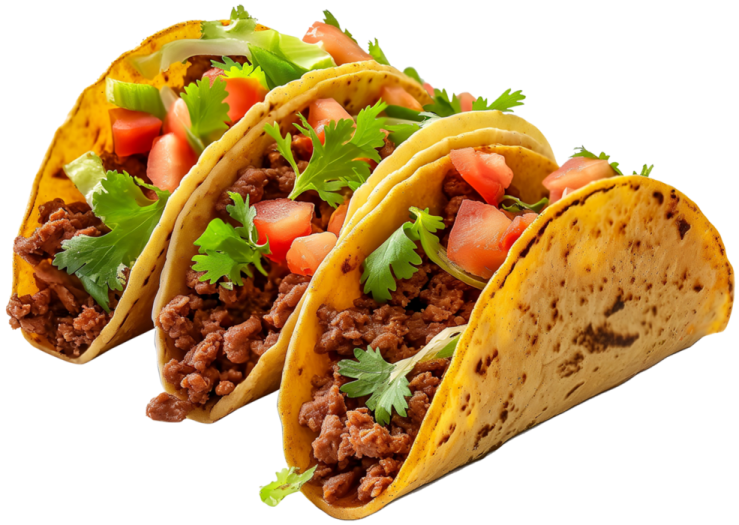 three tacos with meat and vegetables on a white background