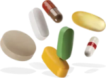 a bunch of pills falling into the air