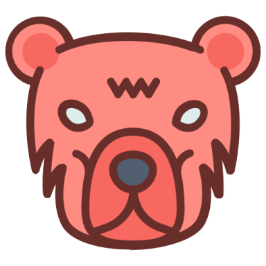 a pink bear head with blue eyes