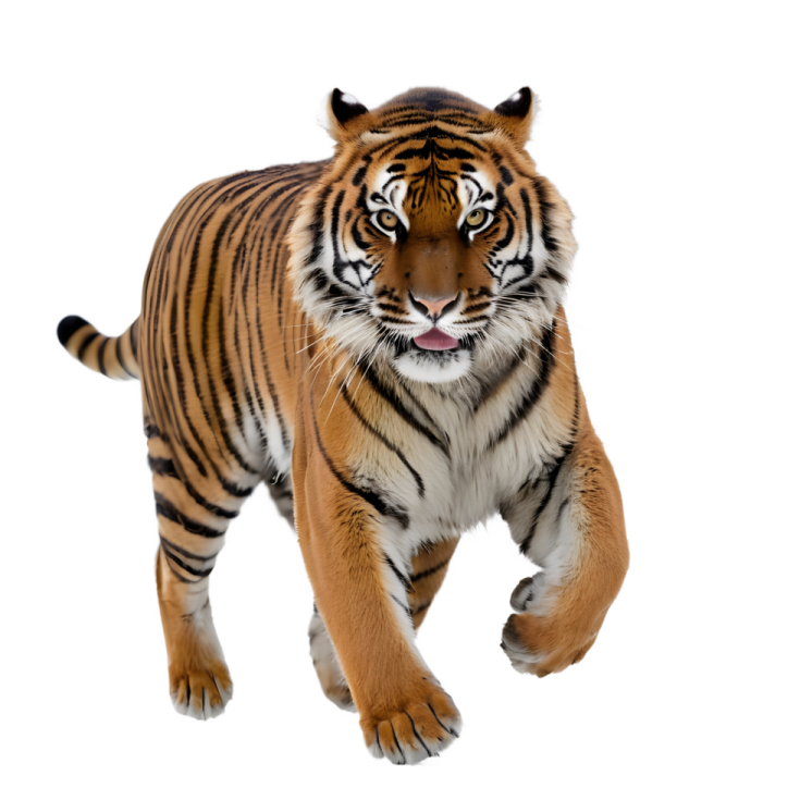 a tiger walking across a white background