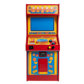 a red arcade machine with a blue screen