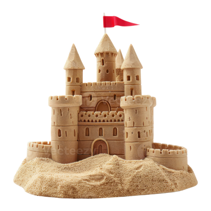 a sand castle with a red flag on top