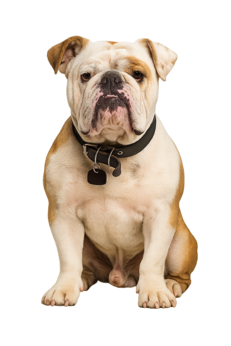a brown and white dog sitting on a white background