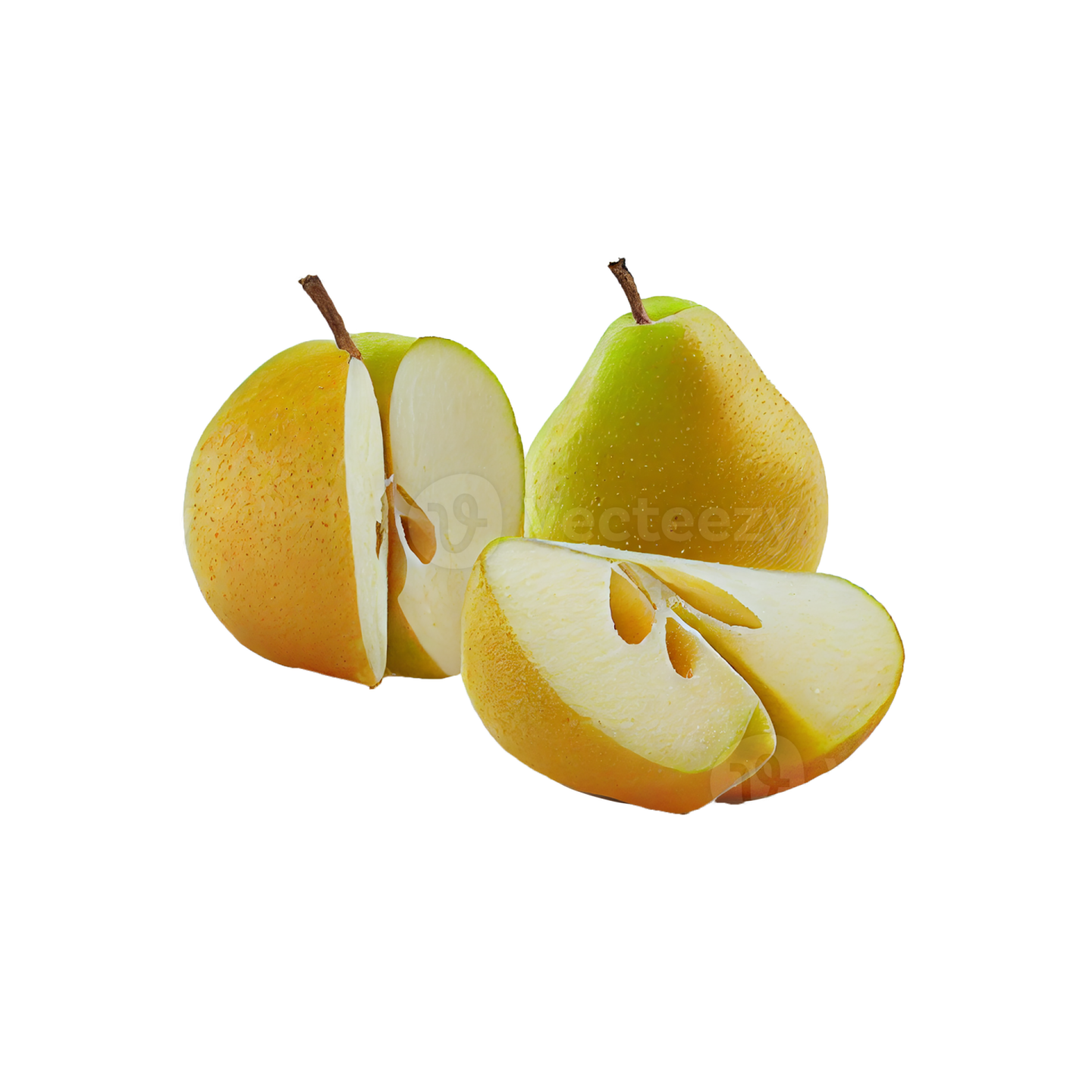 three pears cut in half on a white background