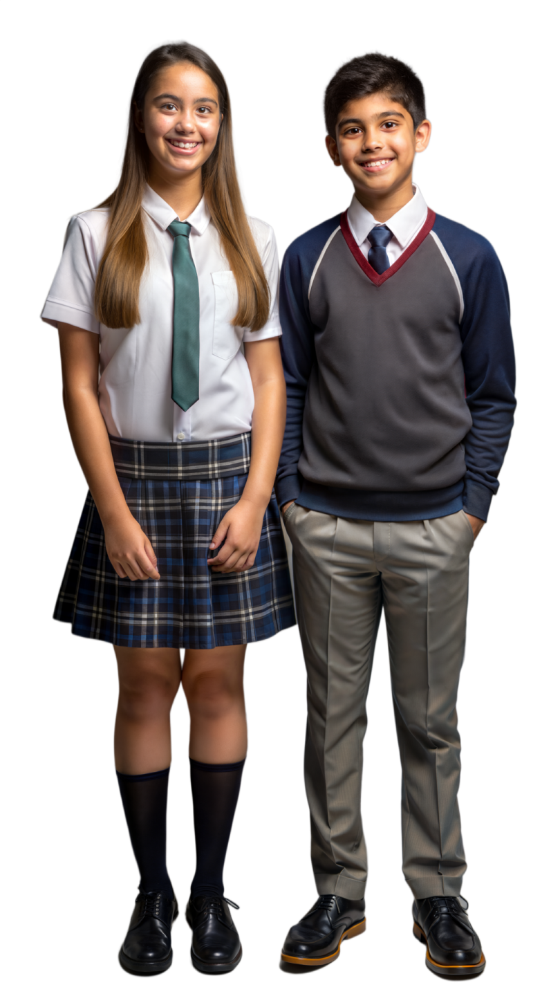 two children in school uniforms posing for the camera
