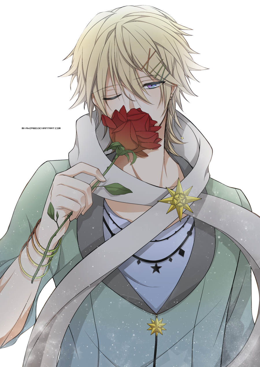 an anime character with blonde hair and blue eyes holding a red rose
