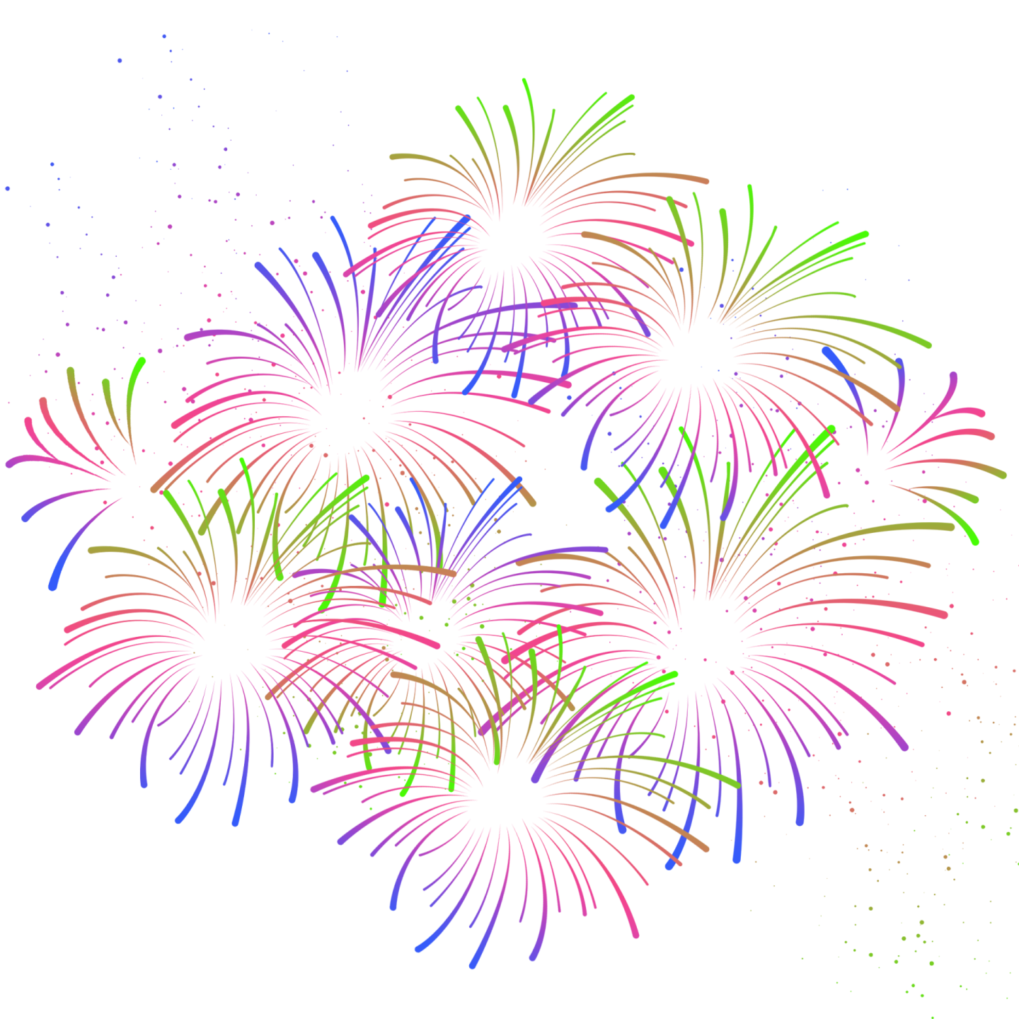 a bunch of colorful fireworks on white background