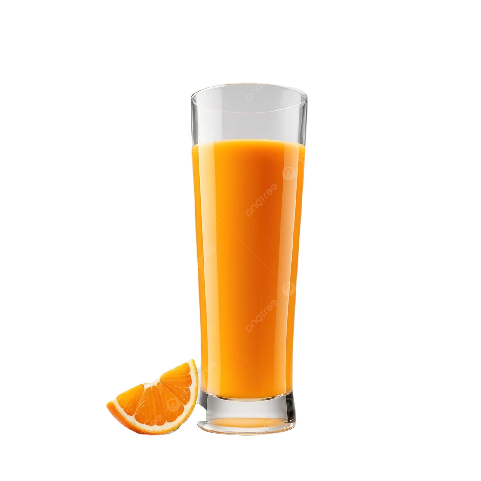 a glass of orange juice next to an orange slice