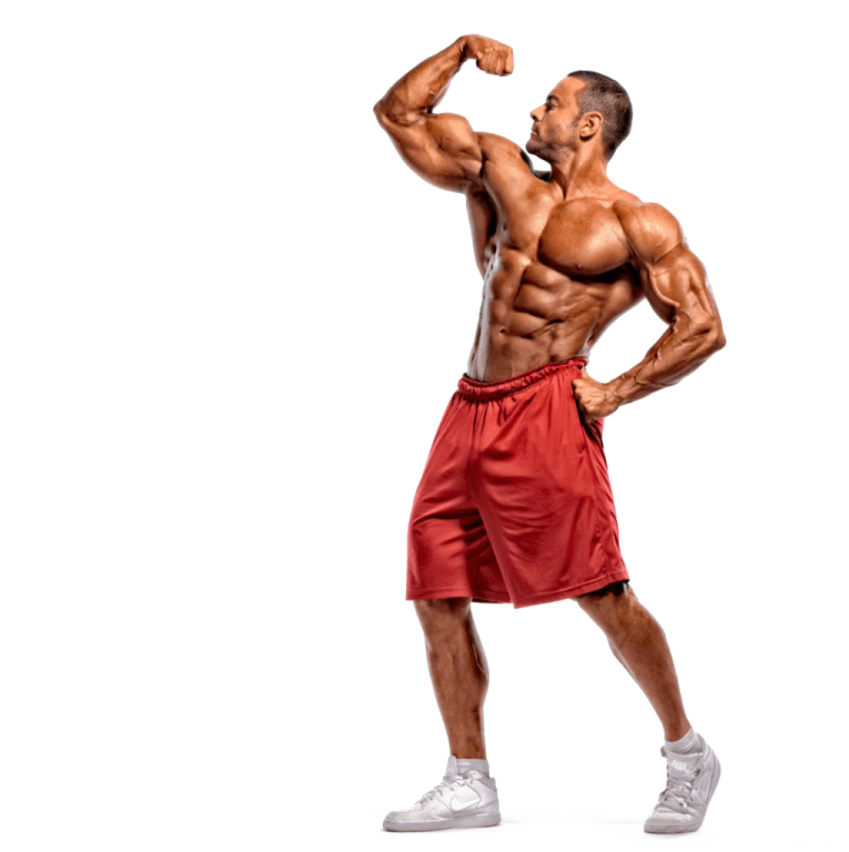 a man in red shorts flexing his muscles