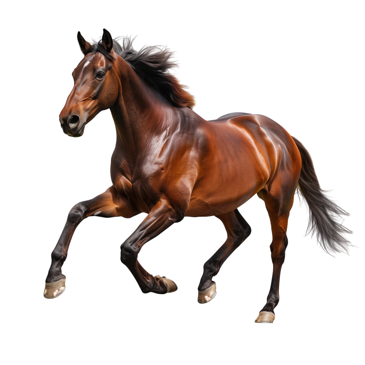 a brown horse running on a white background