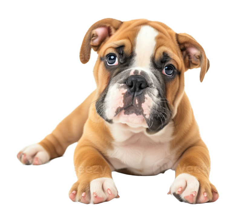 a small brown and white dog laying down