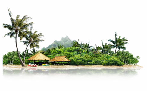 an island with palm trees and a thatched hut