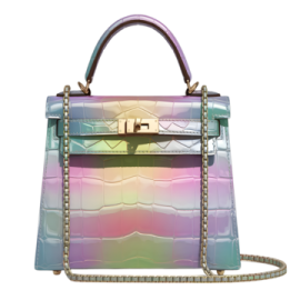 a rainbow colored handbag on a white background