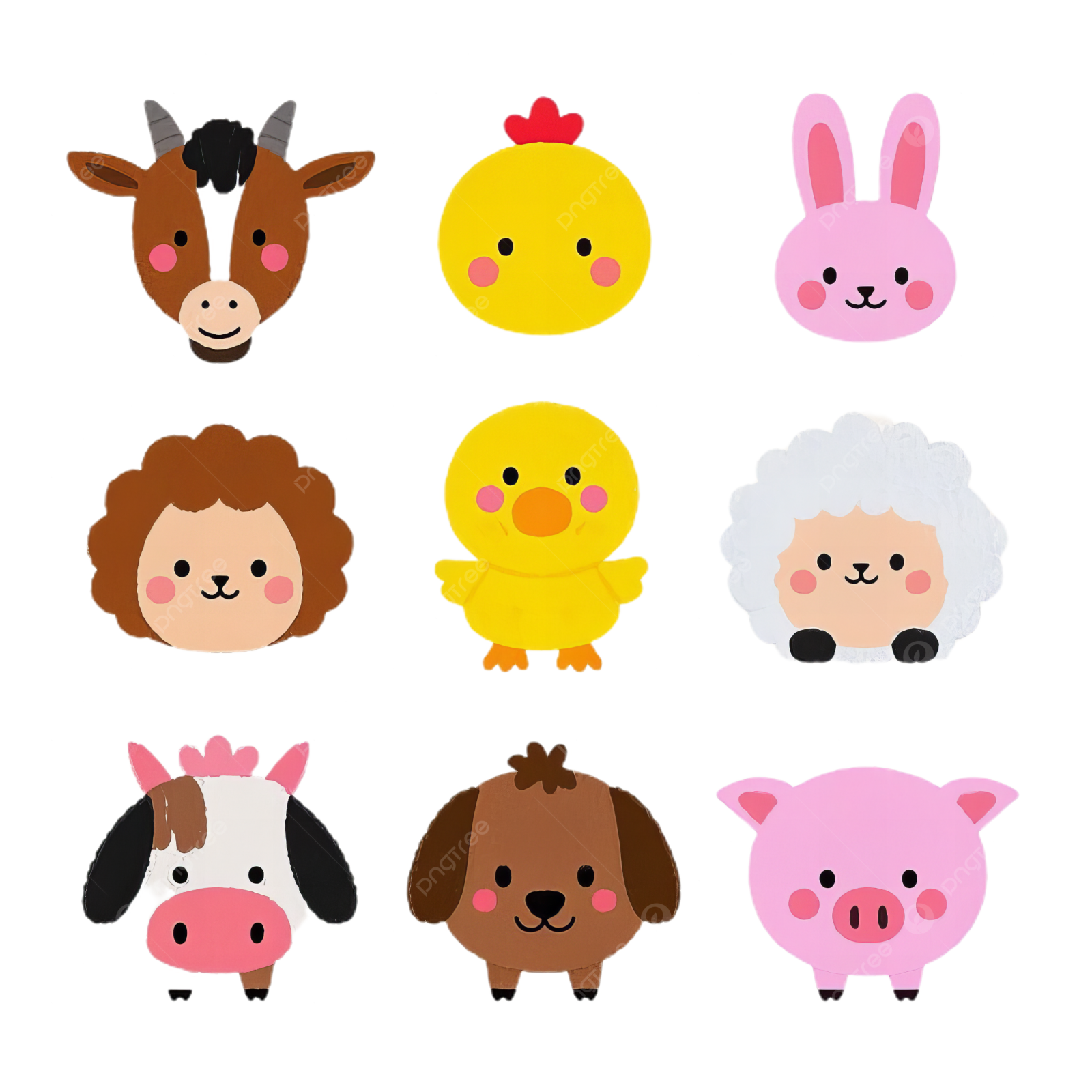a set of farm animals and chickens on white background