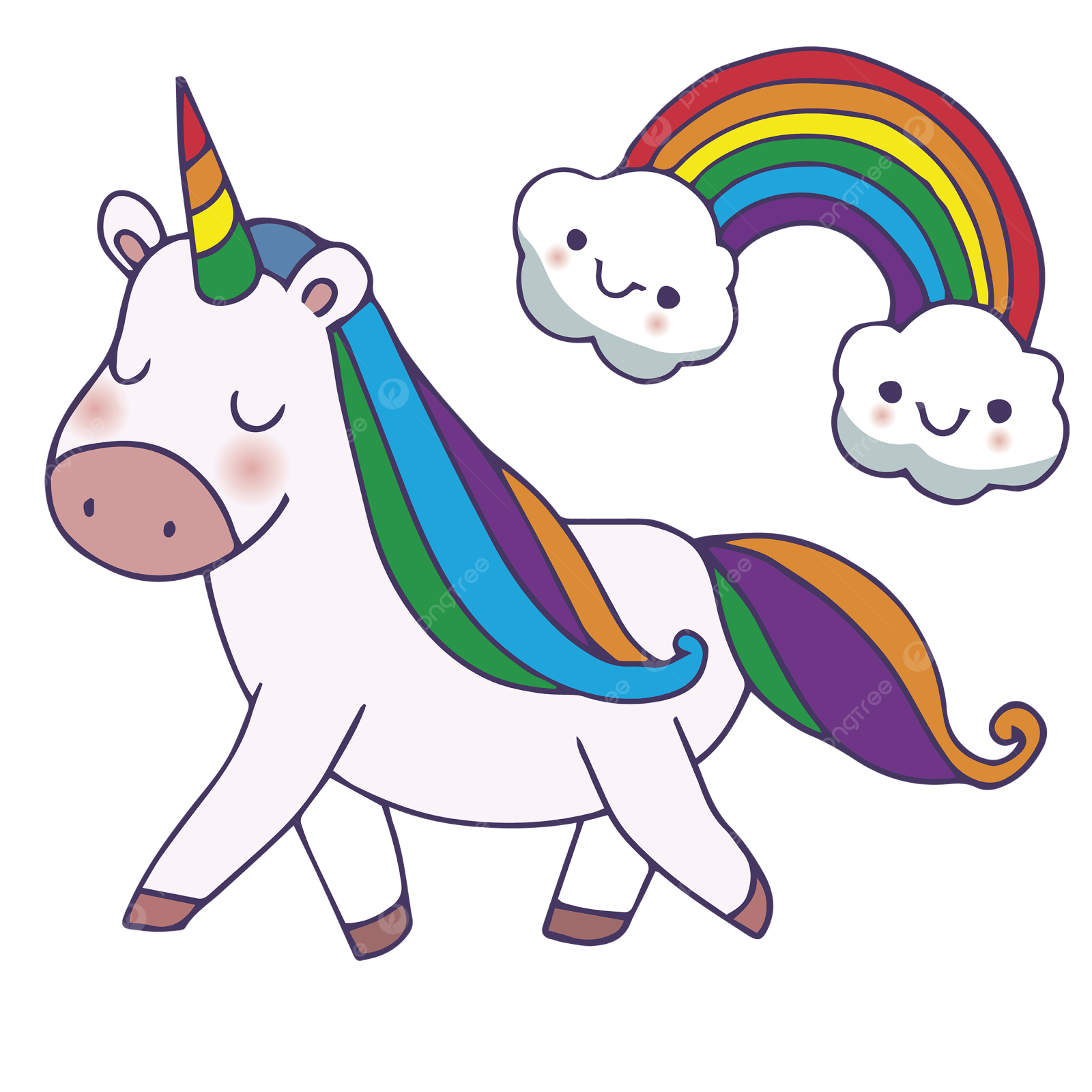 a cartoon unicorn with rainbows and clouds