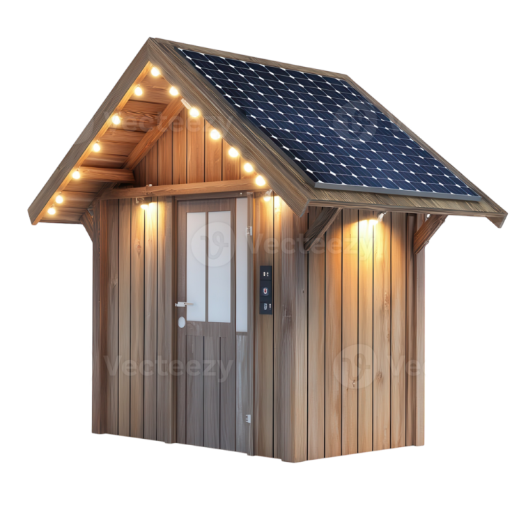 a small wooden house with solar panels on the roof