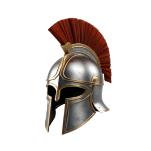 a spartan helmet with red feathers