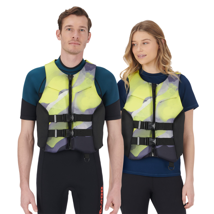 a man and woman wearing life vests