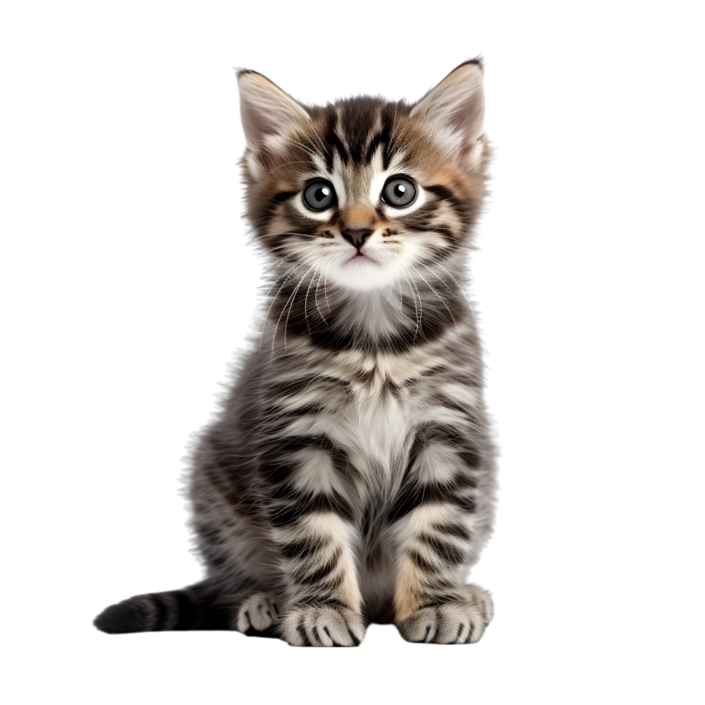 a small kitten sitting down with its eyes open