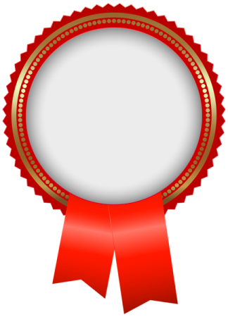 a red and gold medal with a white background