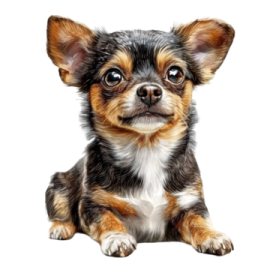 a small black and brown dog sitting on a white background