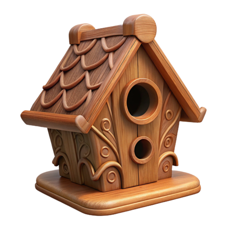 a wooden birdhouse on a white background
