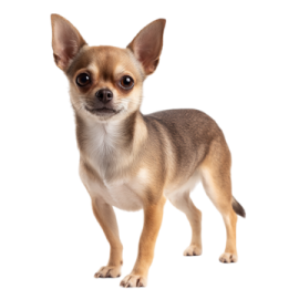 a small dog standing on top of a white surface