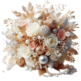 a wedding bouquet with flowers and pearls