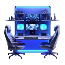 a computer desk with two chairs and a monitor