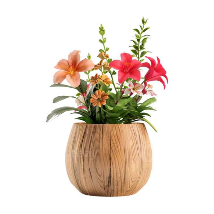 a wooden vase with flowers in it