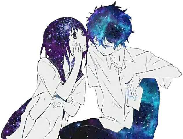 two people sitting on the ground in front of a galaxy background