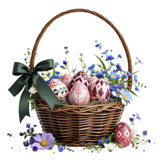 a basket filled with easter eggs and flowers