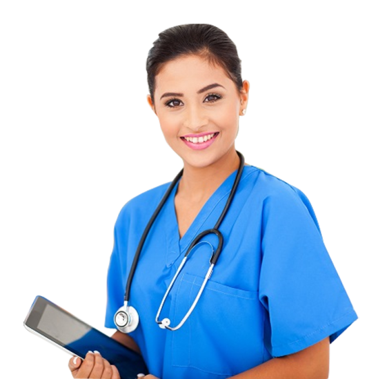 a woman in a blue scrub suit holding a clipboard