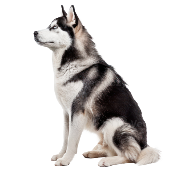 a husky dog sitting in front of a white background