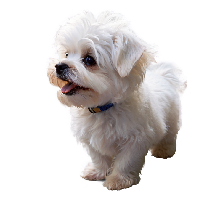 a small white dog standing on a white surface