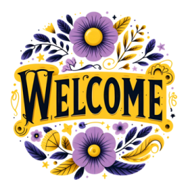 a welcome sign with purple and yellow flowers