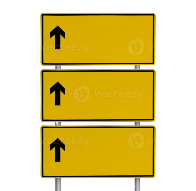 three yellow road signs with arrows pointing in different directions