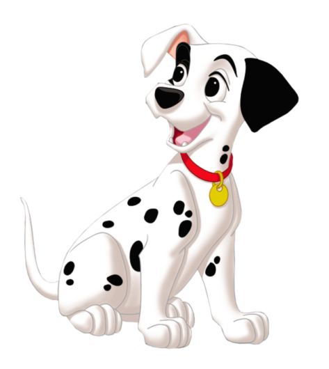 a cartoon dog with a red collar and black spots