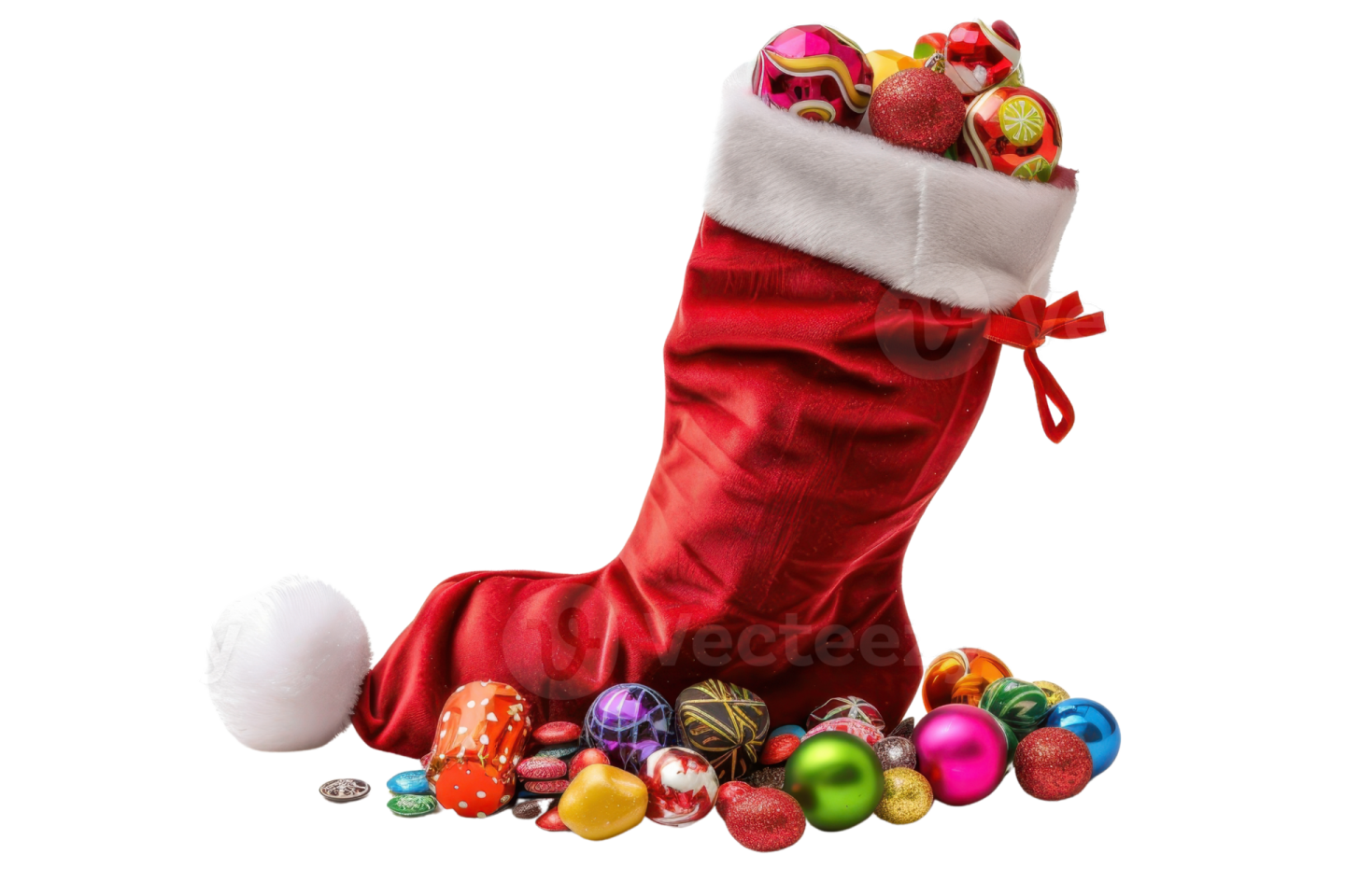 a red christmas stocking filled with colorful ornaments