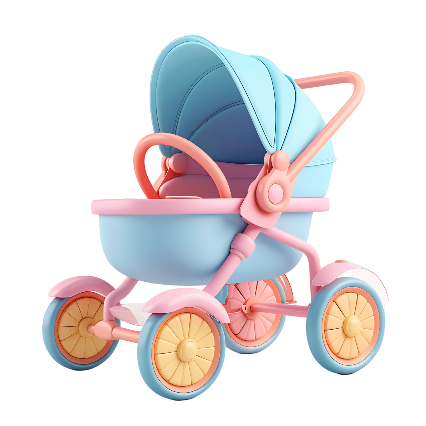 a blue and pink baby stroller with wheels