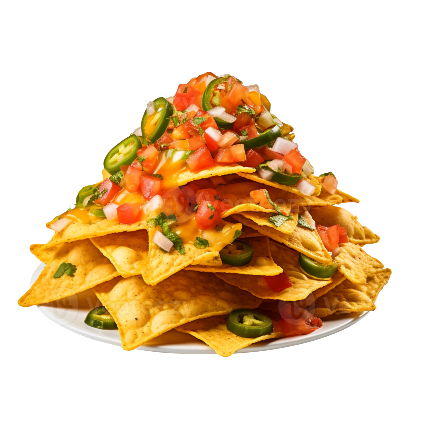 a plate full of nachos with tomatoes and onions