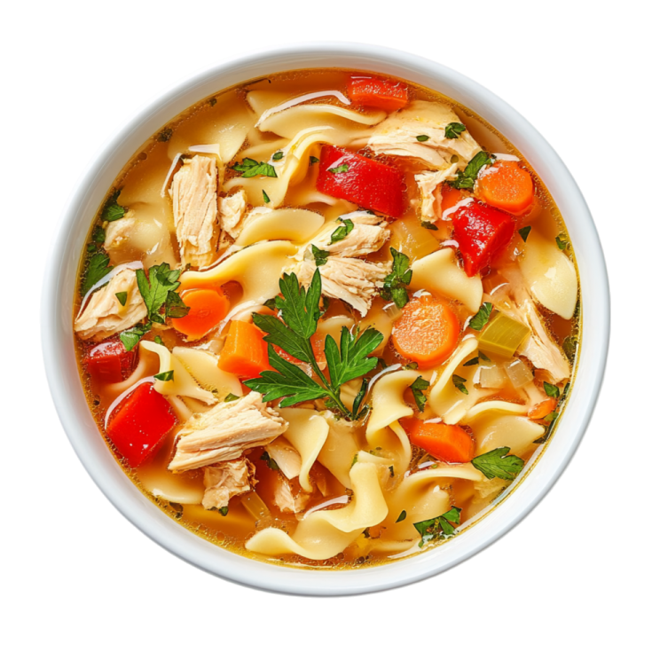 a white bowl filled with chicken noodle soup