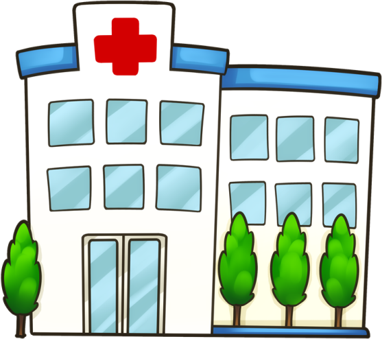 a hospital building with a red cross on top